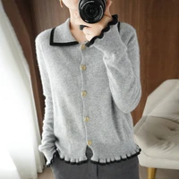pure wool cardigan womens lapel wood ear sweater jacket 21 autumn winter color matching loose temperament knitted ladies tops