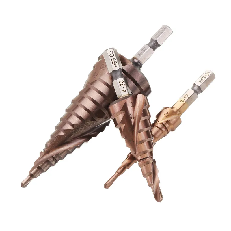 

Step Drill Bit 3-12/4-20/4-32mm M35 Coblat Step Drill Bit 1/4 Inch Hex Shank HSS-Co High Quality Step Drill Bit