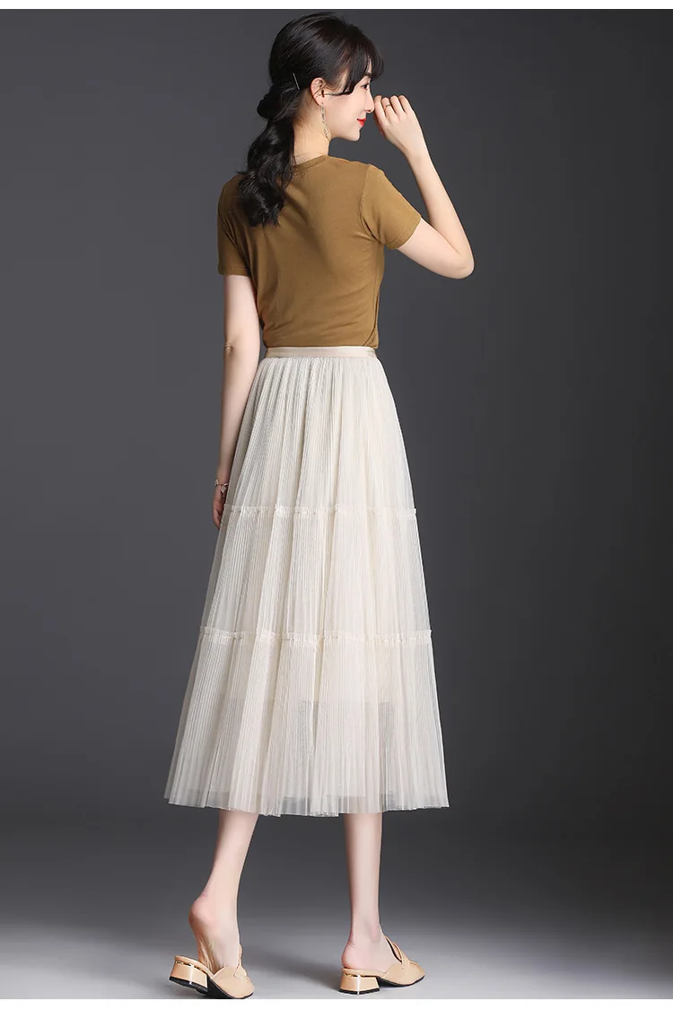 

Pleated Skirt Women Fashion Elastic High Waist Loose Casual Elegant Korean Big Swing Black/white Long Mesh Skirts Summer 3068