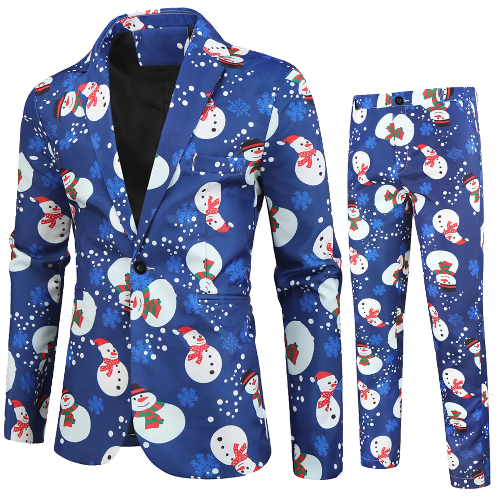 

Blazer Suit Set Ugly Snowman Print Men's Single Button Lapel Collar Long Sleeve Slim Fit Blue Jacket Long Pants Man Blazers