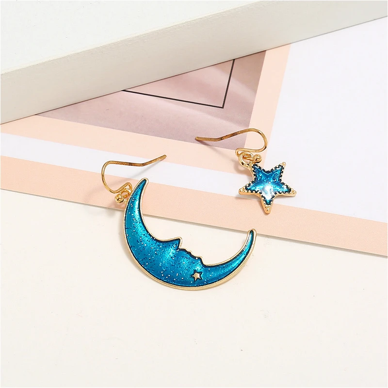 Женские корейские серьги с голубыми звездами и луной Элегантные Очаровательные