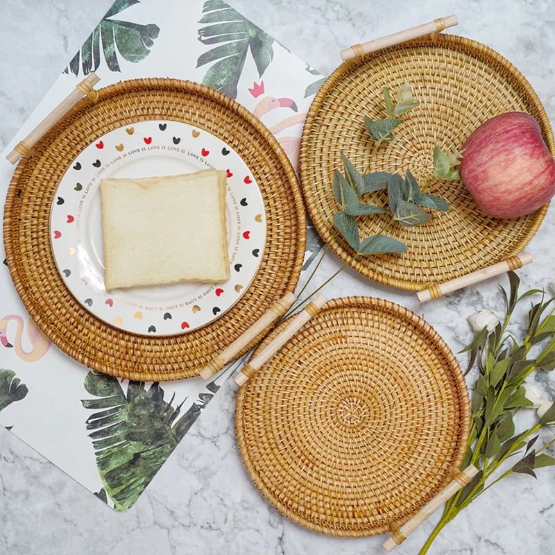 Hand-woven Rattan Round Storage Basket Tray With Wooden Handle Wicker Bread Fruit Cake Food Plate Decorative Serving | Дом и сад