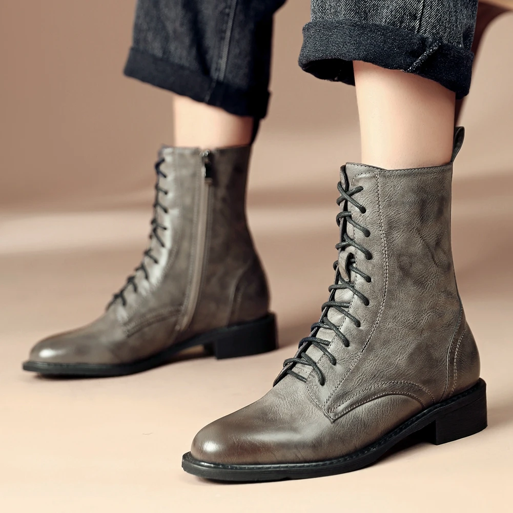

Brand New Big Size 43 Top Quality Square Heels Fashion Shoelaces Winter Shoes Women Vintage Motorcycles Boots Female