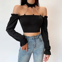 metal chain blouse tops punk long sleeve tops chain shoulder tee gothic sexy backless grunge black halter crop tops 2021 autumn