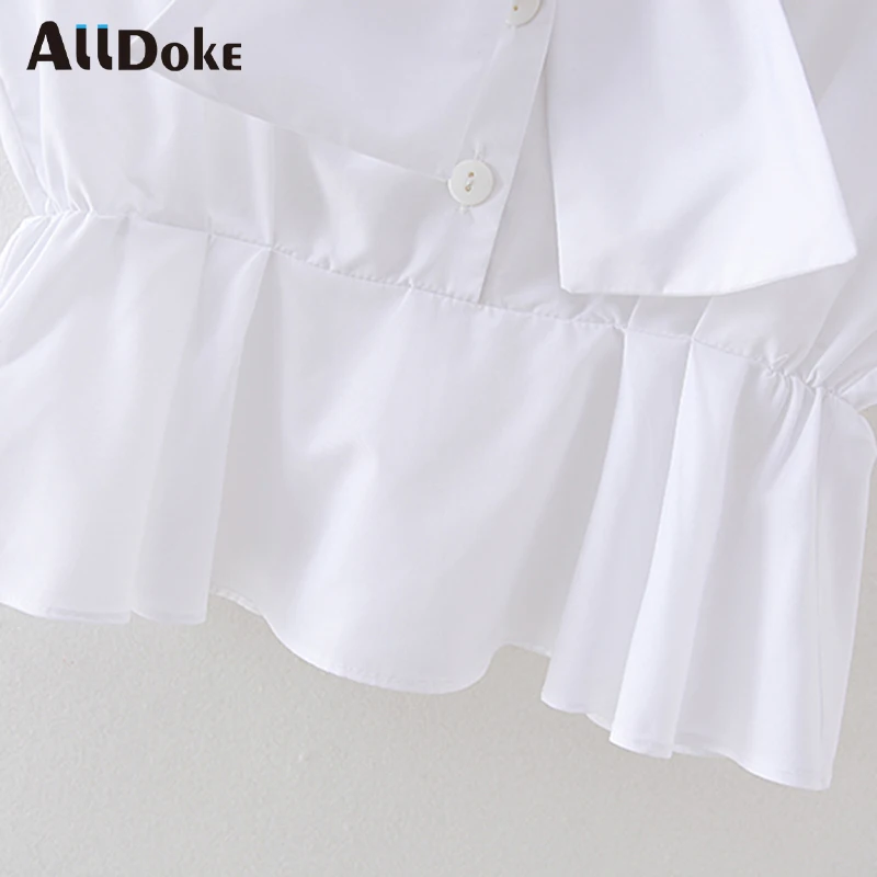 

ALLDOKE white casual bow blouse women summer batwing sleeve tops shirt mujer elegant button ruffles ladies blouses blusas femme