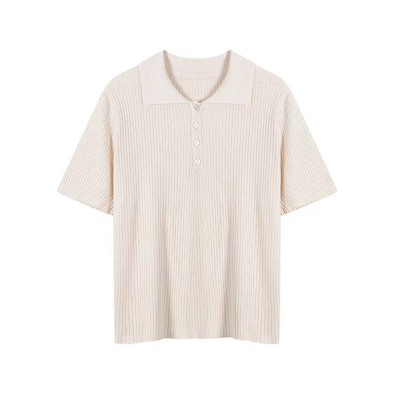 

Turn Down Collar Short Sleeve Short Knit Tops Women Simple Korean Style Chic Casual All Match Soft Woman T-shirts Summer 2021