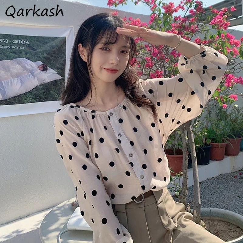 

Shirts Women Casual Summer Sun-proof Thin Chiffon Breathable Elegant Polka Dot O-neck Lovely Girl Lantern Sleeve Single Breasted