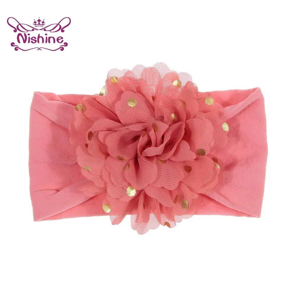 Мягкая эластичная повязка на голову Nishine шифоновая в Золотой горошек с цветами