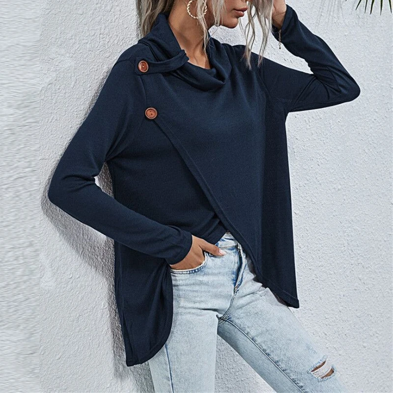 

Autumn New Women Fashion Double Collar Long Sleeve Button Tops Casual Solid Irregular knitted Blouse Lady Elegant Office Blouses