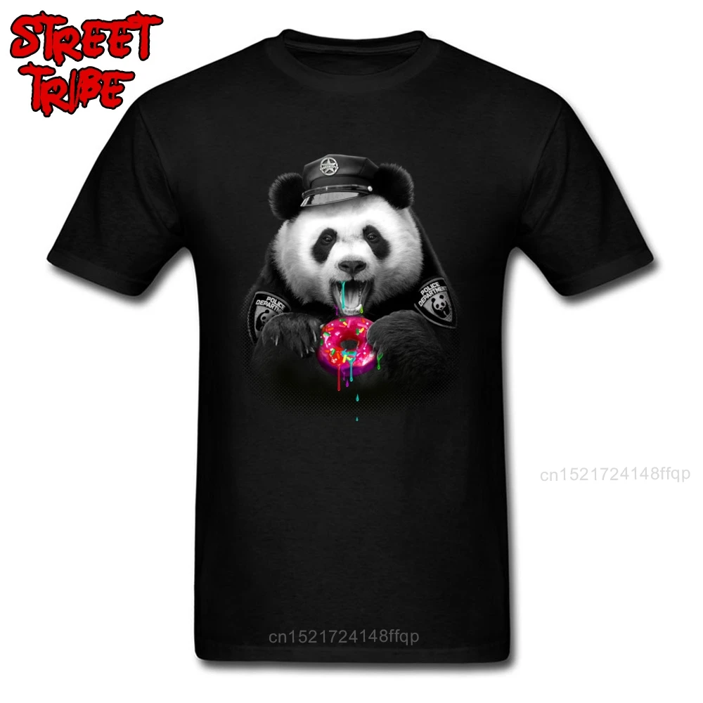 Camiseta de policía de DONUT para hombre, camiseta Kawaii de Panda, camisetas con estampado de animales en 3D, ropa divertida de 100% algodón, camiseta negra con descuento