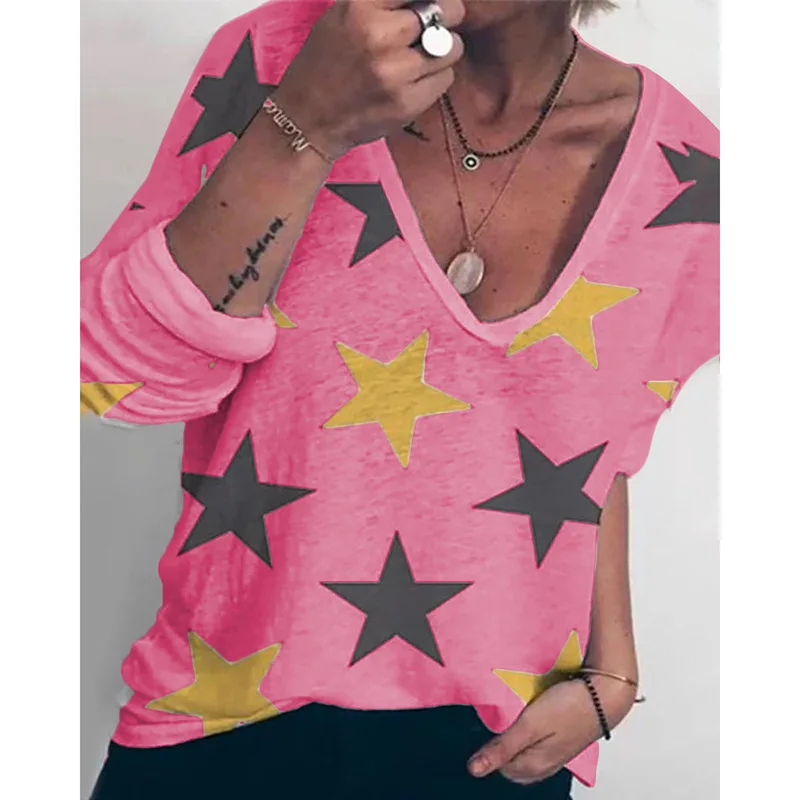 

Spot fashion women's casual loose long sleeve V-neck printed T-shirt