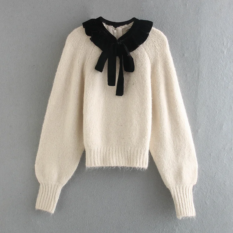 

2021 new autumn and winter fashion ladies sweater bow warmth showing temperament long-sleeved loose solid color casual top