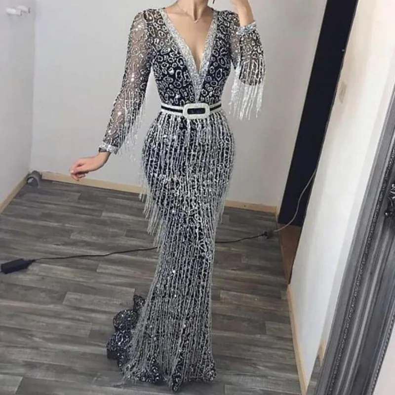 

Women Sext Elegant Sequined V-Neck Tassel Party Formal Evening Dress Slim Trumpet Mermaid Dress