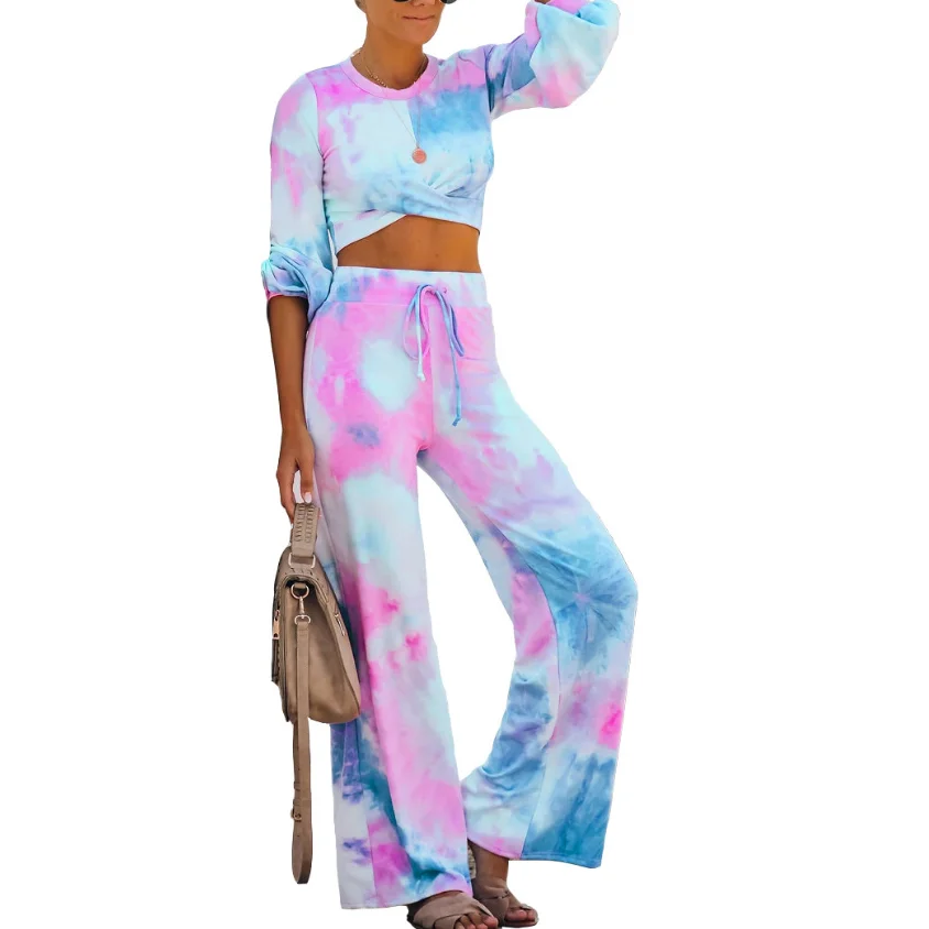 

2pc Women Suit Tracksuit Tie-dye Knot Fitness Clothes Long Sleeve Hooded Tops And Pants Leisure Pocket Home Sweatpants Sets yoga