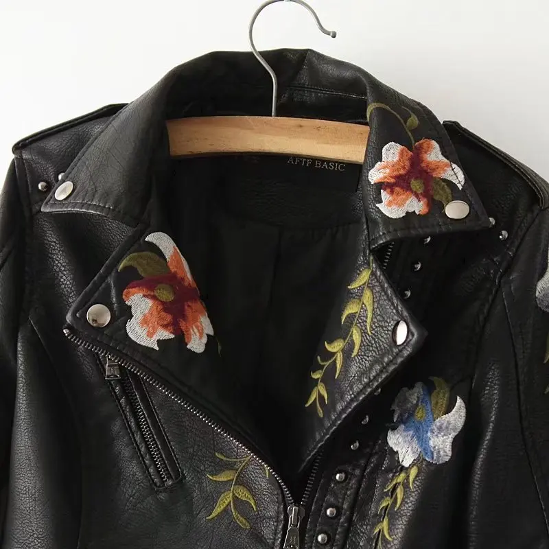 Women Flower Embroidery Punk Jacket Beige Motorcycle Rivet Zipper PU Leather Coat Slim Thin Short Girls Faux Streetwear | Женская одежда