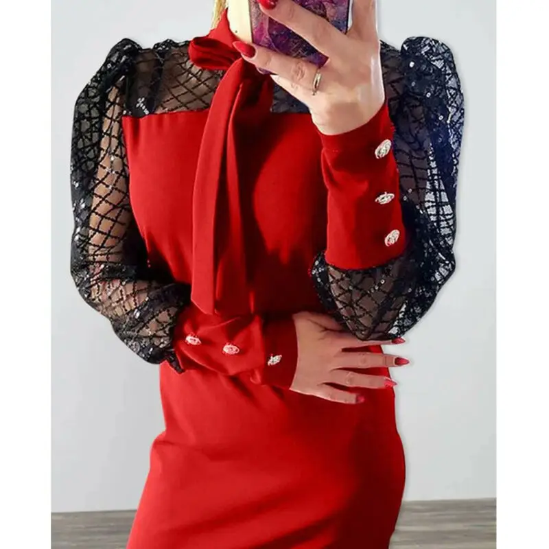 Элегантное платье женское сексуальное Сетчатое с блестками и галстуком-бабочкой