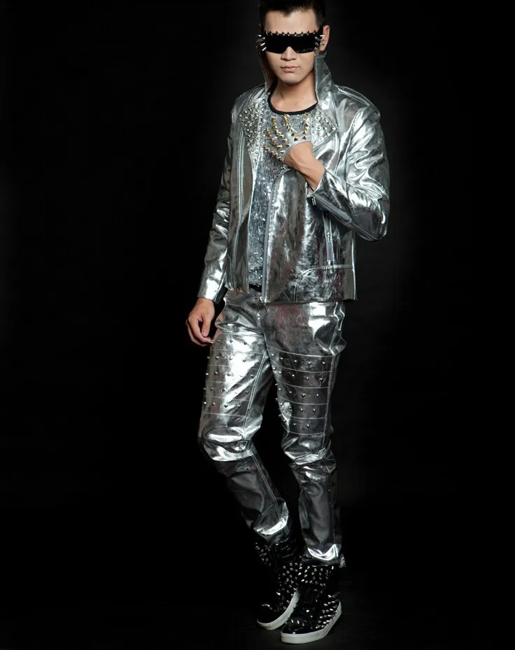 Костюм мужской кожаный с серебристыми заклепками Корейский пиджак для езды на