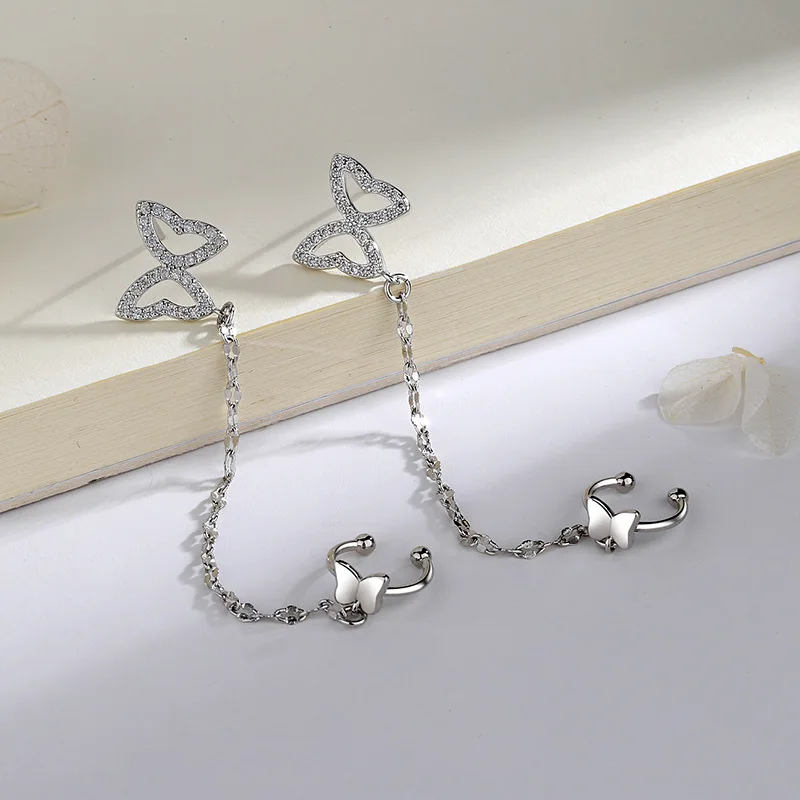 

1 PCS 925 Silver Needle Crystal Butterfly Tassel Ear Cuff Women Clip Earrings No Piercing Fashion Jewelry Prevent Allergy