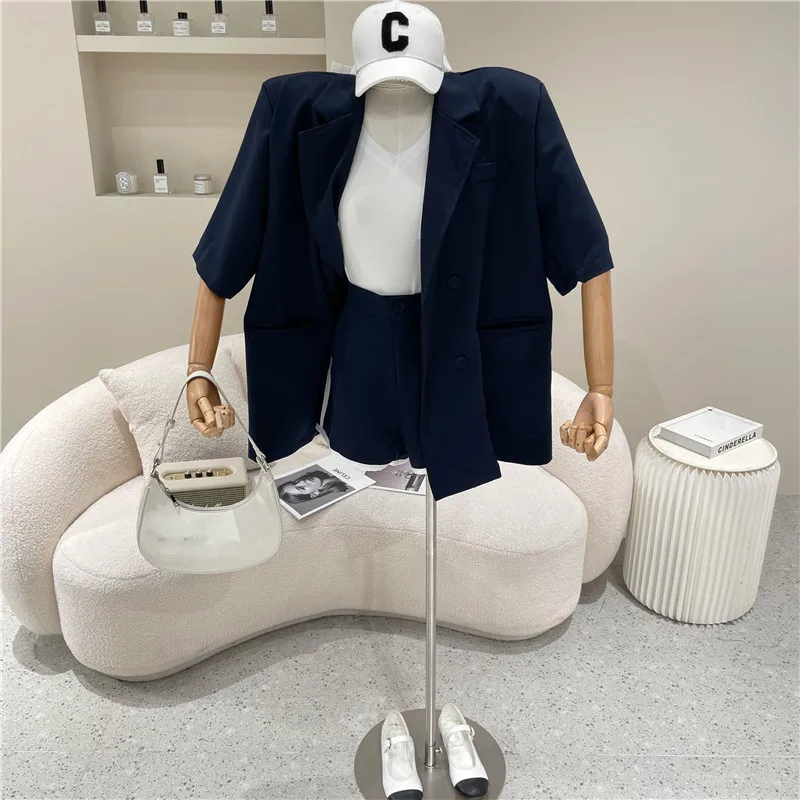 

New Women's Clothing Summer 2021 Thin double breasted Lapel Casual Short Sleeve suit jacket + High Waist Shorts Two piece set