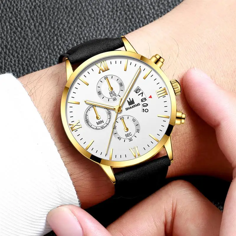 Повседневные мужские часы с римскими цифрами наручные коричневым кожаным