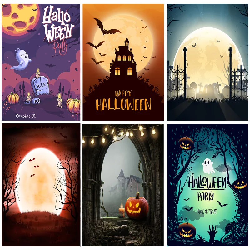 

Фон на Хэллоуин, надгробие, замок, тыква, фонарь, луна, портретный фон для фотостудии, реквизит 211013 JKL-06