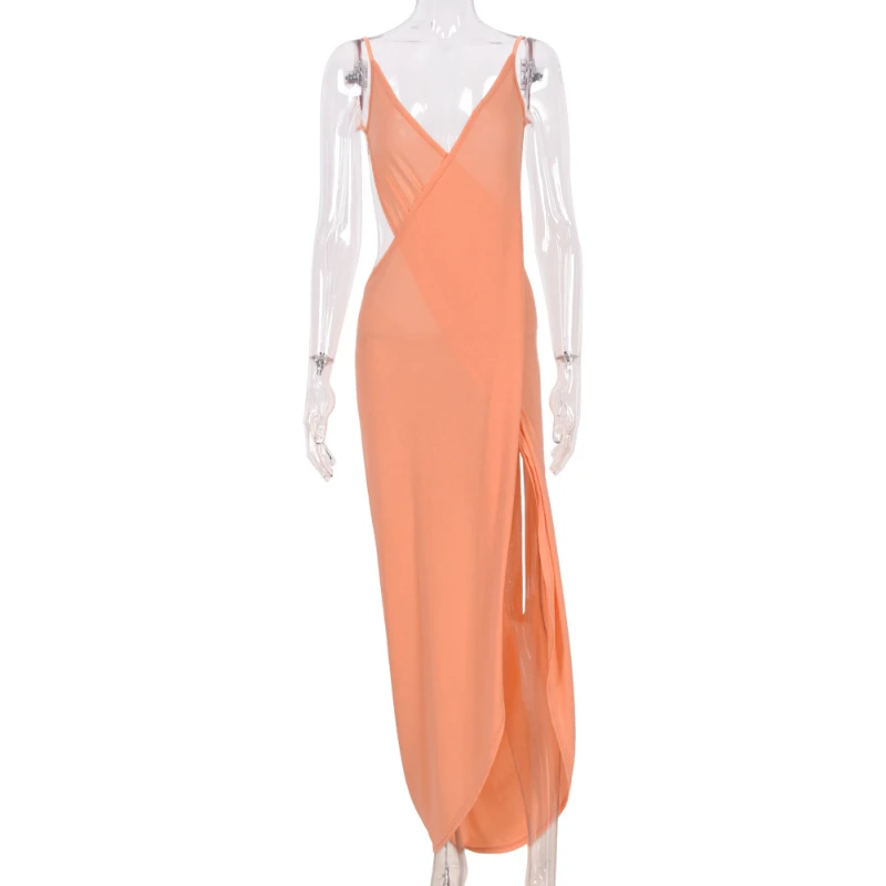 

Spaghetti Strap Wrap Maxi Dress Women Club Party Draped Sexy Backless Sleeveless Summer Outfits Long Split Dresses