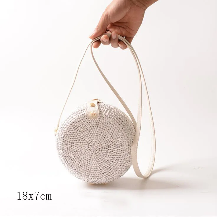 white B 18x7cm Солнечный пляж, ручные тканые сумки, круглая сумка с пряжкой, Ротанговые соломенные сумки, ранец, богемная пляжная круглая сумка - Цвет: white B 18x7cm