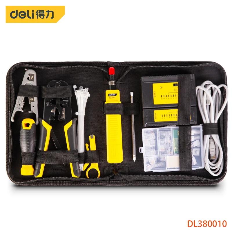 Deli 10-Piece Network Pliers Cloth Bag Set Lncluding Ratchet Network Pliers,Network Cable Tester,Dual-Purpose Screwdriver