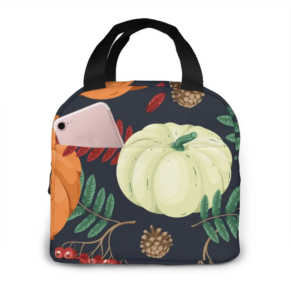 

Autumn Pumpkin And Flowers Cooler Bag Portable Zipper Thermal Lunch Bag Convenient Lunch Box Tote Food Bag