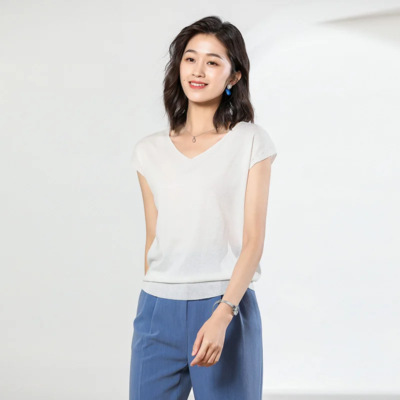 Летний женский Шелковый вязаный свитер с v-образным вырезом без рукавов тонкий