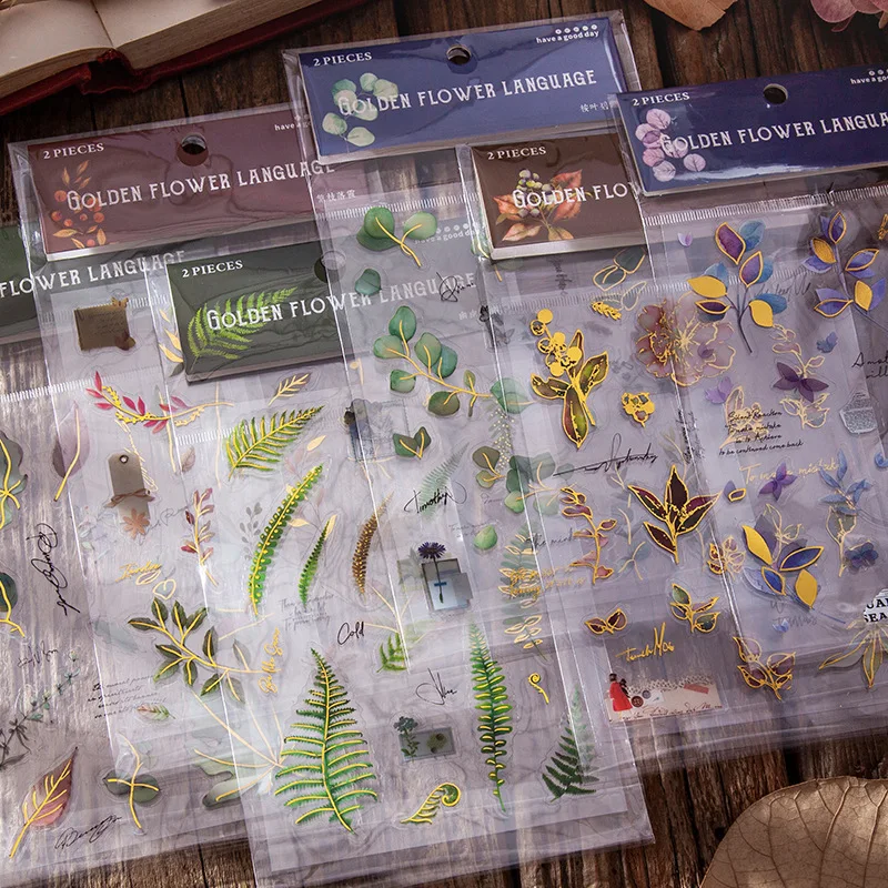 2 листа PET водонепроницаемые золотые Glit Цветочные Листья декоративные наклейки