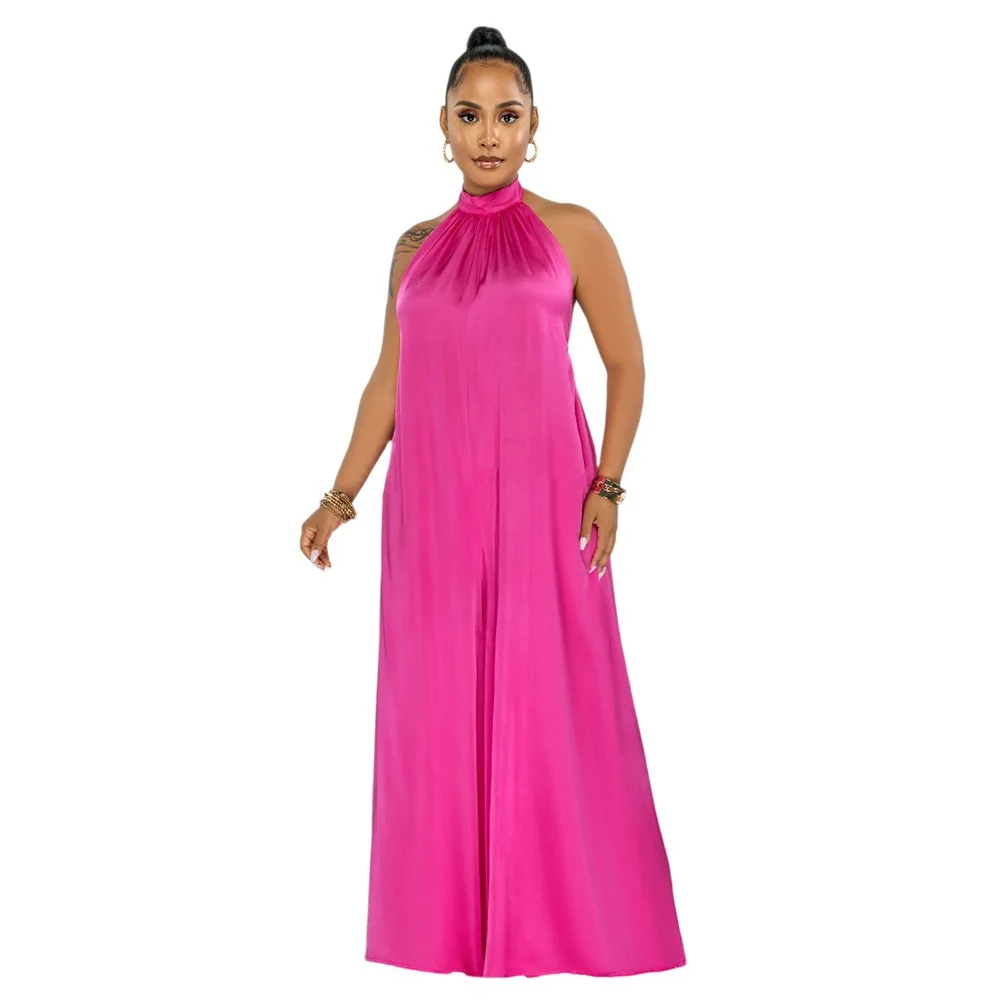 

Charming Women High Neck Party Jumpsuits Sleeveless Solid Elegant Lady Wide Leg Club Long Rompers 2021 Newest Real Picture