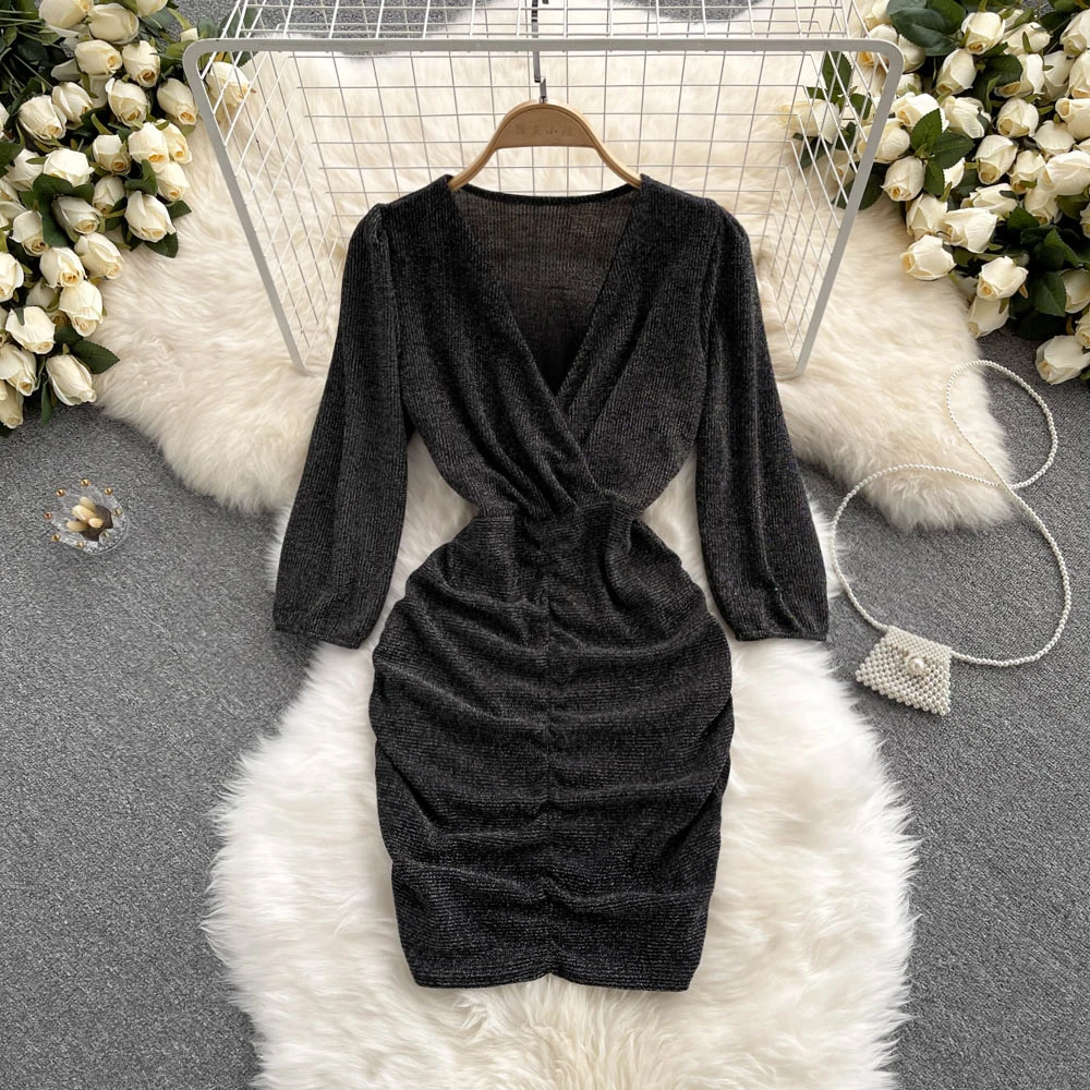 

Autumn Vintage Black Draped Bodycon Mini Dress Sexy V-Neck High Waist Sheath Slim Party Robe Female Elegant Vestidos 2021 New