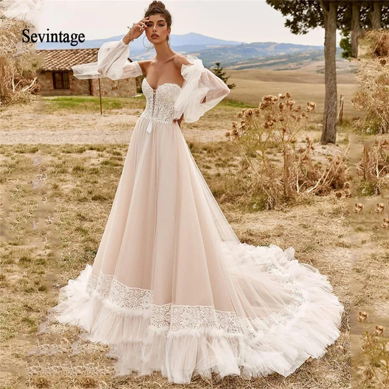 

Богемное свадебное платье Sevintage с открытой спиной, кружевное свадебное платье с кисточками и съемными рукавами, свадебное платье