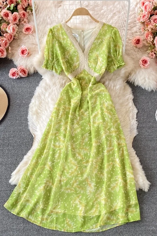 

French Light Luxury Green Dress Women's 2021 Summer V-neck Waist Thin Floral Dress Ladies Elegant Short Sleeve Celebrity Dresses