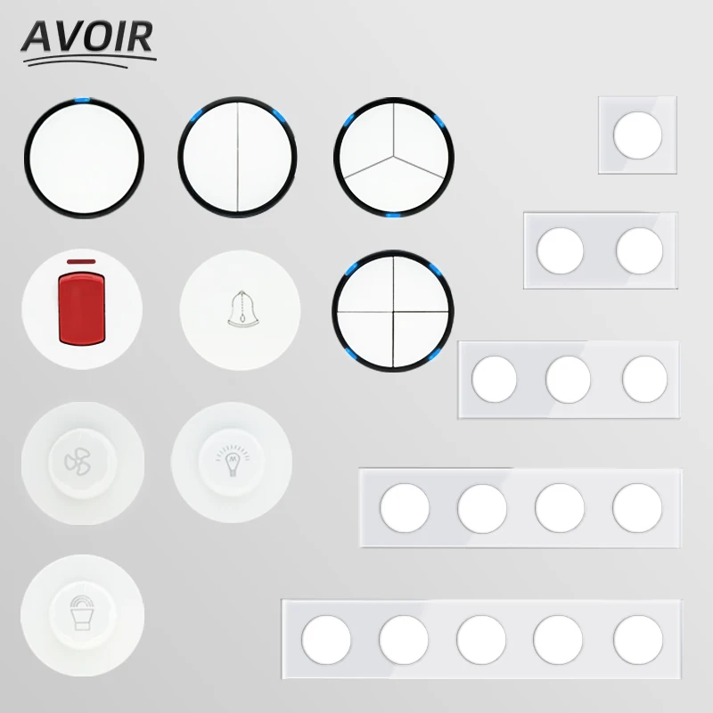 

Avoir Wall Light Switch White Glass Button Switch 1 2 3 4 Gang EU FR Socket DIY Modules Free Combination Dimmer Volume Control