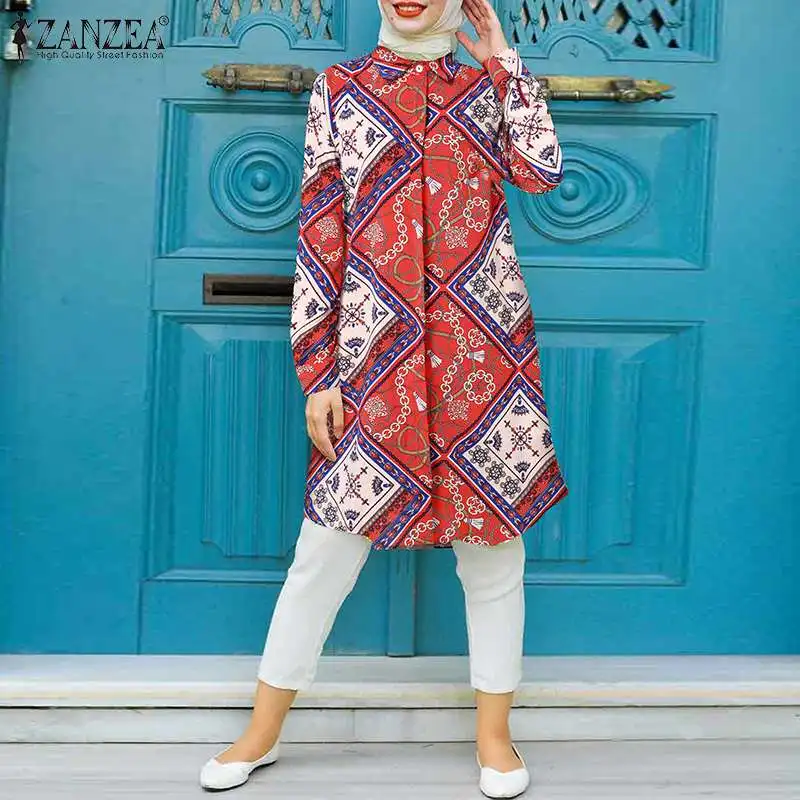 

Casual Retro Long Sleeve Turkish Blusas 2022 ZANZEA Autumn Print Muslim Shirts Women's Blouse Female Buttons Islam Clothing Top