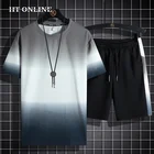 Мужской спортивный костюм из 2 предметов, Повседневная футболка с принтом и шорты с коротким рукавом, с градиентом, лето 2022