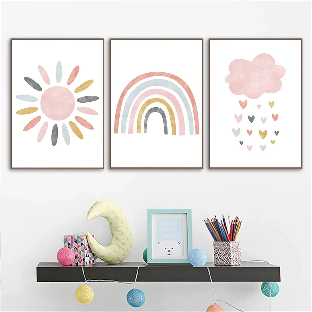 Художественный постер Love Heart Sun картина розовое облако радуга печать на холсте