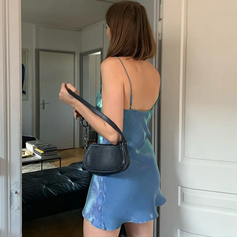 

Women Summer Dress Women 2021 New Arrivals Sexy Spaghetti Strap Split Gloss Blue Party Dresses Vestidos