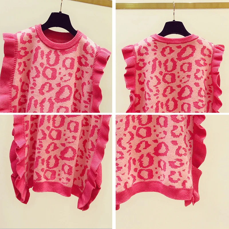 

2021 Autumn and Spring Ruffled Leopard Sweater Vest Female Korean Version Sleeveless Sweaters Vest Sweet Pullover Sweaters Women