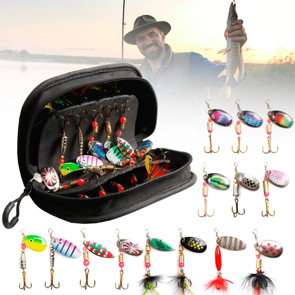 

Newly Set of 21 Fishing Lure Kit with Zipper Bag Hard Metal Spinner Baits Glittery Sequin Bait with Hook Fishing Accessories
