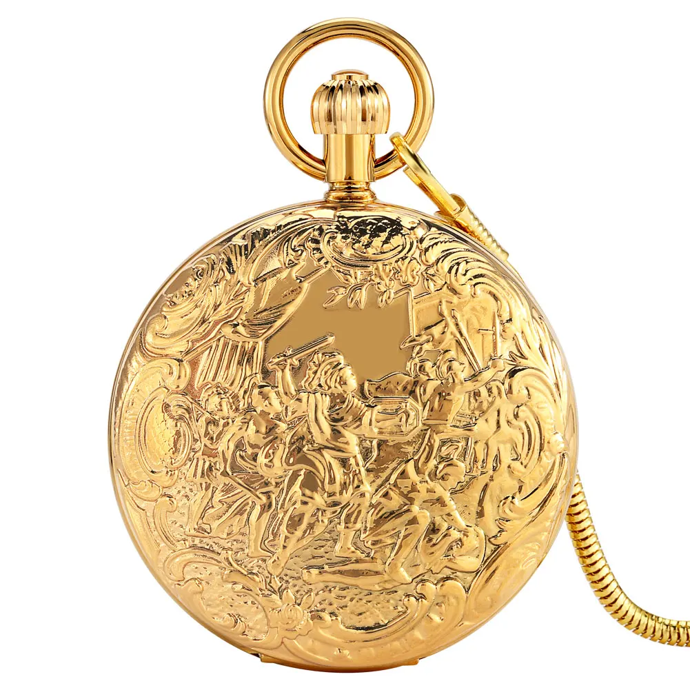 

Delicate Simulated War Theme Double Shell Double Open Automatic Mechanical Pocket Watch Arabic Numerals Dial Pendant Gift Man