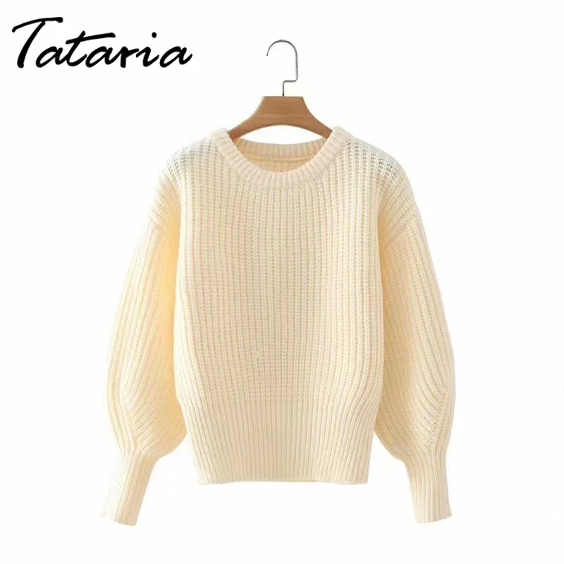 Женский Пуловер Свободный рукав-фонарик простой вязаный свитер женский