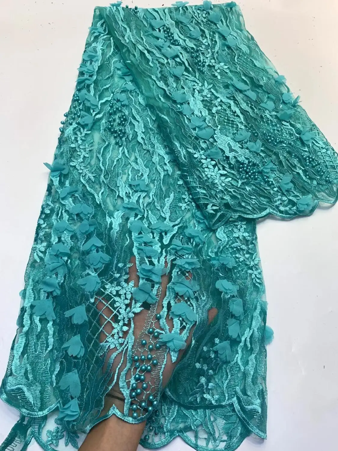 

Free Shipping 5Yards Gold African 3D FlowersTop Quality Embroidered Beaded Appliques French Tulle Mesh Lace Fabrics For Wedding