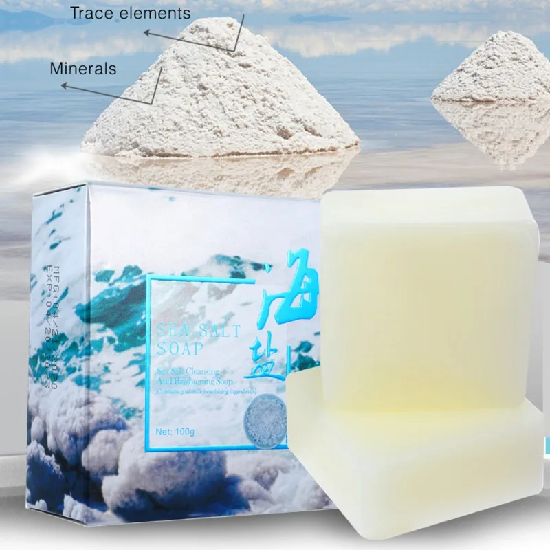Handmade Sea Salt Soap Cleaner Removal Pimple Pores Acne Treatment Goat Milk Moisturizing Whitening Face Care Wash Soap and Bag