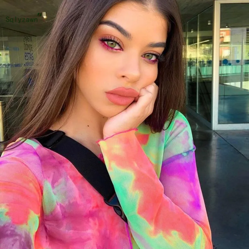 Женские в цветные кадраты Прозрачная сетка короткий топ сексуальный уличная