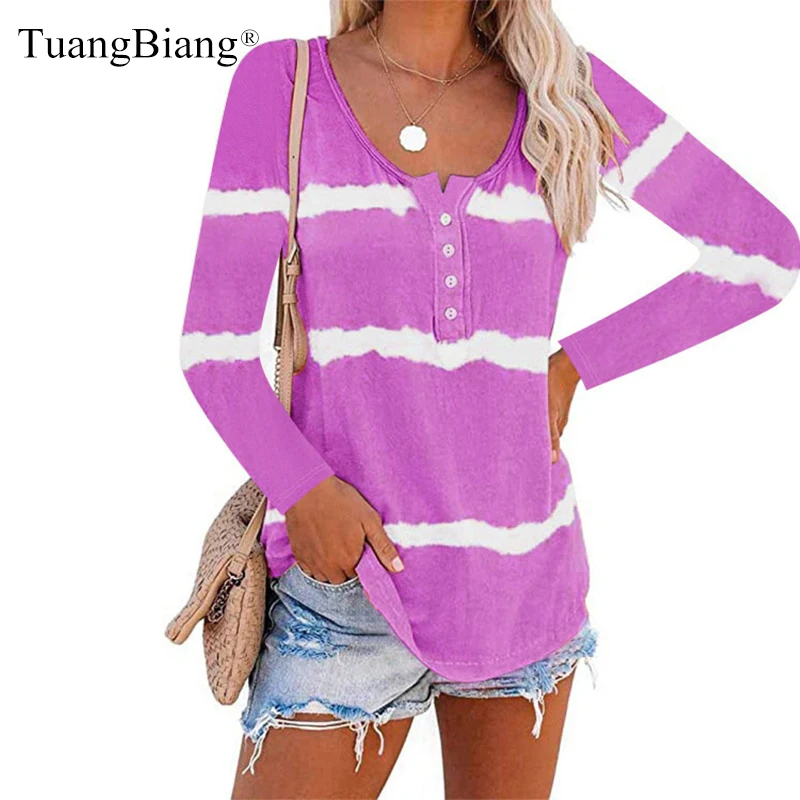 Женская футболка с принтом тай-дай фиолетовая полосатая длинным рукавом круглым