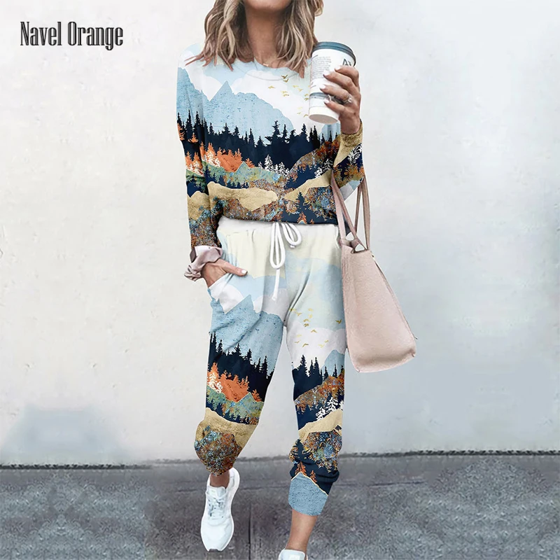 

Новинка, женские свободные домашние костюмы с круглым вырезом и длинным рукавом, весенне-осенний Повседневный Женский комплект с поясом на ...