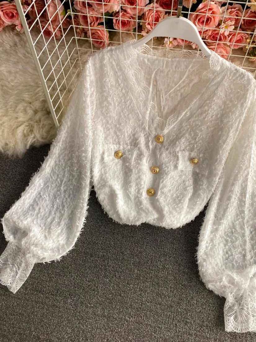 

2021 Spring Summer Fashion Harajuku Tassel Fabric Lace V-neck Chiffon Shirt Women Long Sleeve Korean Blouse Pullover Loose Top